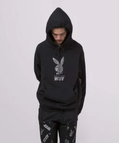 Mens HUF X Playboy - Rhinestone Men's Pullover Hoodie, Black
