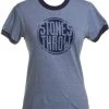 Stones Throw - Women's Distressed Crew RINGER Shirt, Heather Blue/Navy Womens
