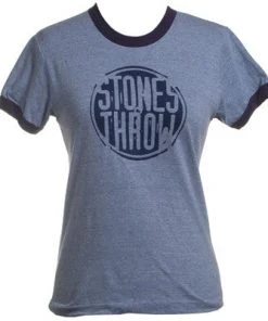 Stones Throw - Women's Distressed Crew RINGER Shirt, Heather Blue/Navy Womens